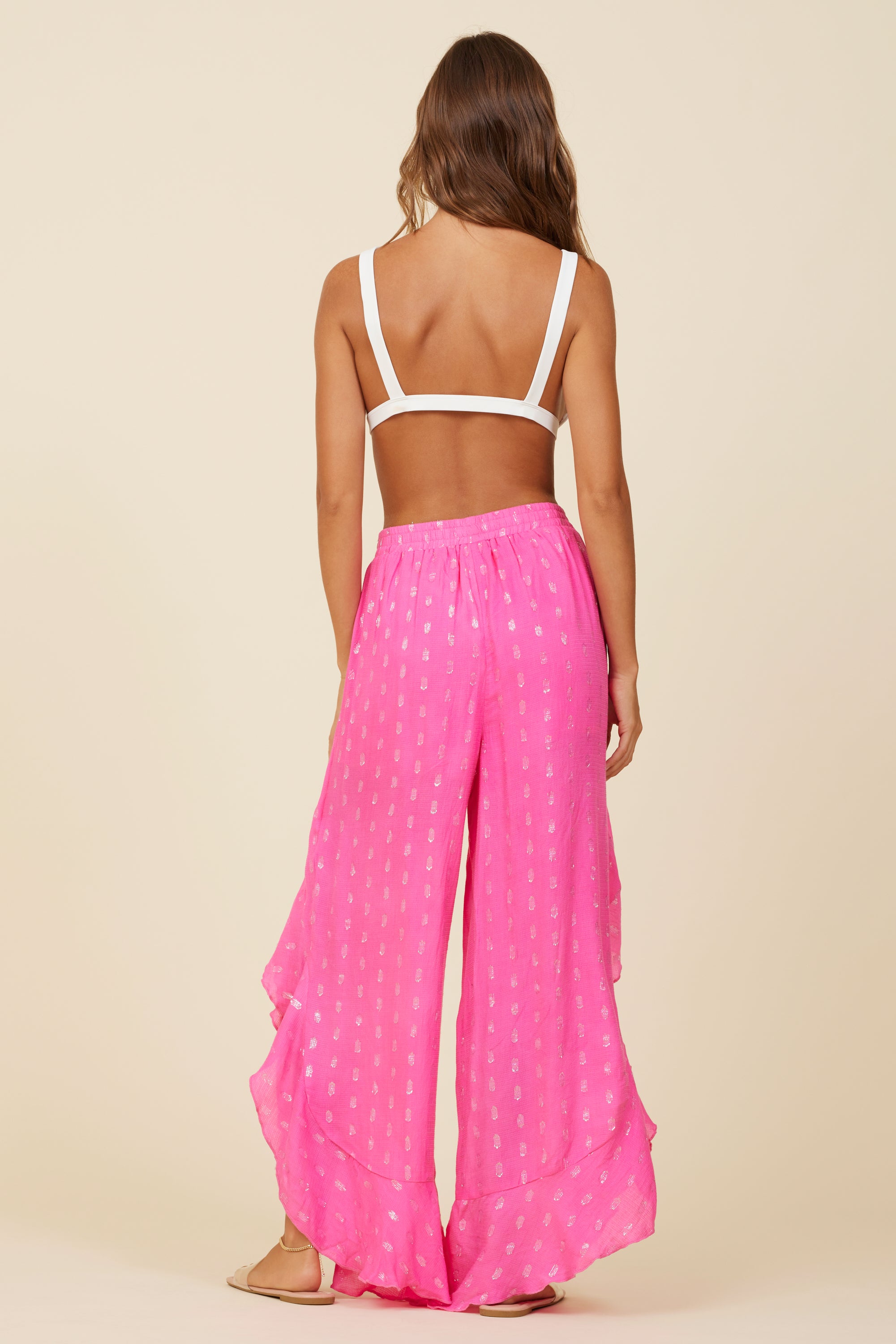 Hot Pink Clipped Metallic Ruffle Pants