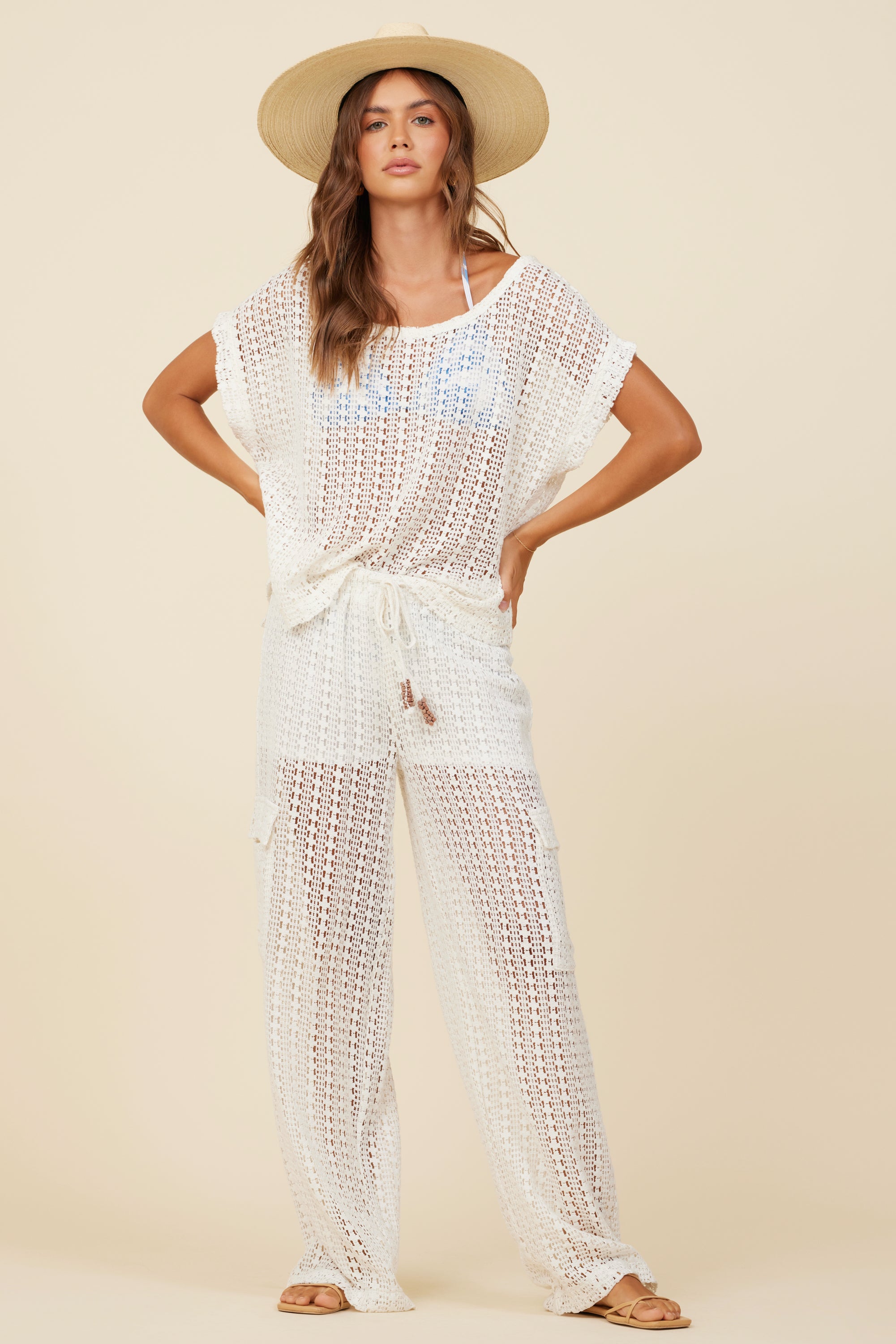 White Vertical Crochet Short Sleeve Top