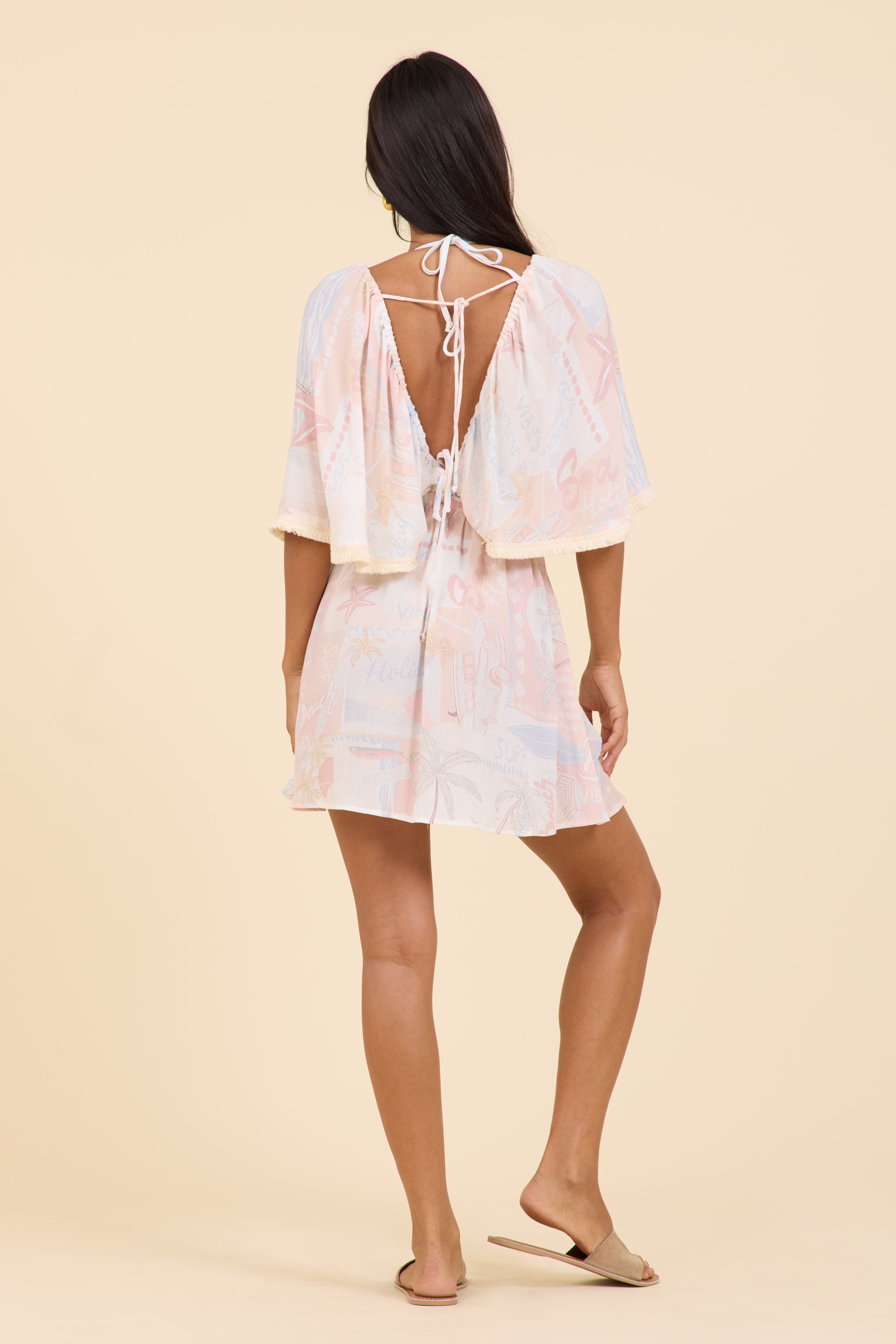 Vacay Postcard Printed Crinkle Mini Dress