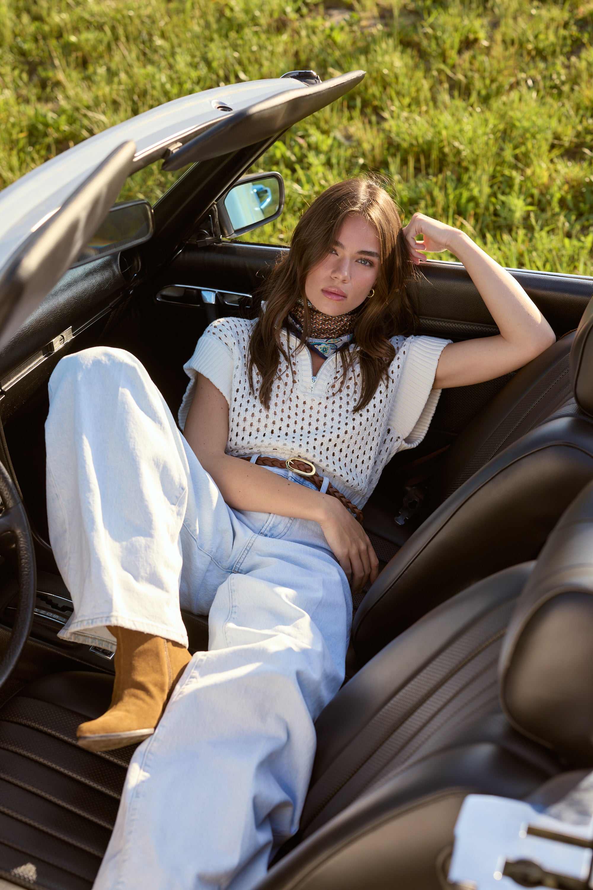 Open Knit Short Sleeve Quarter Zip Sweater