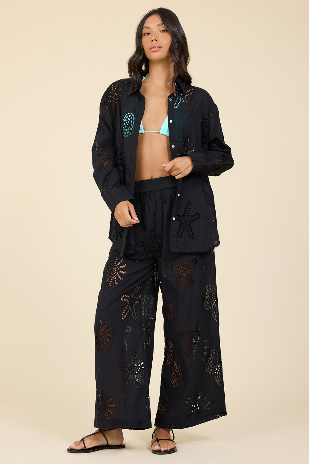 Ocean Eyelet Wide Leg Pant - Black