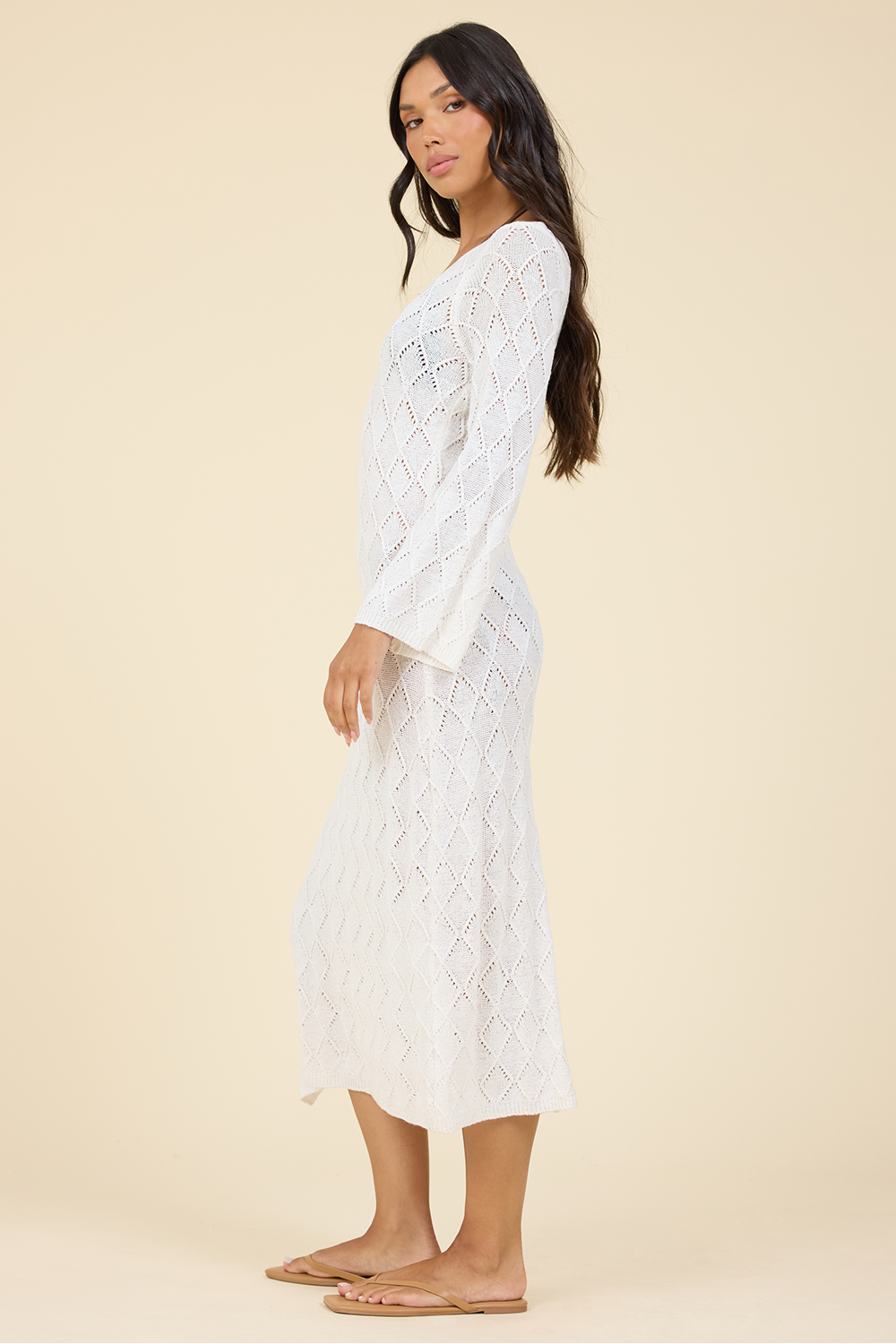 Plunge Diamond Knit Maxi Dress - White