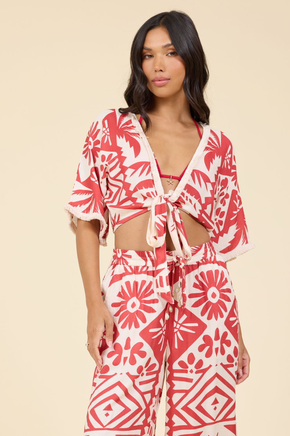 Printed Tie Front Top with Fringe