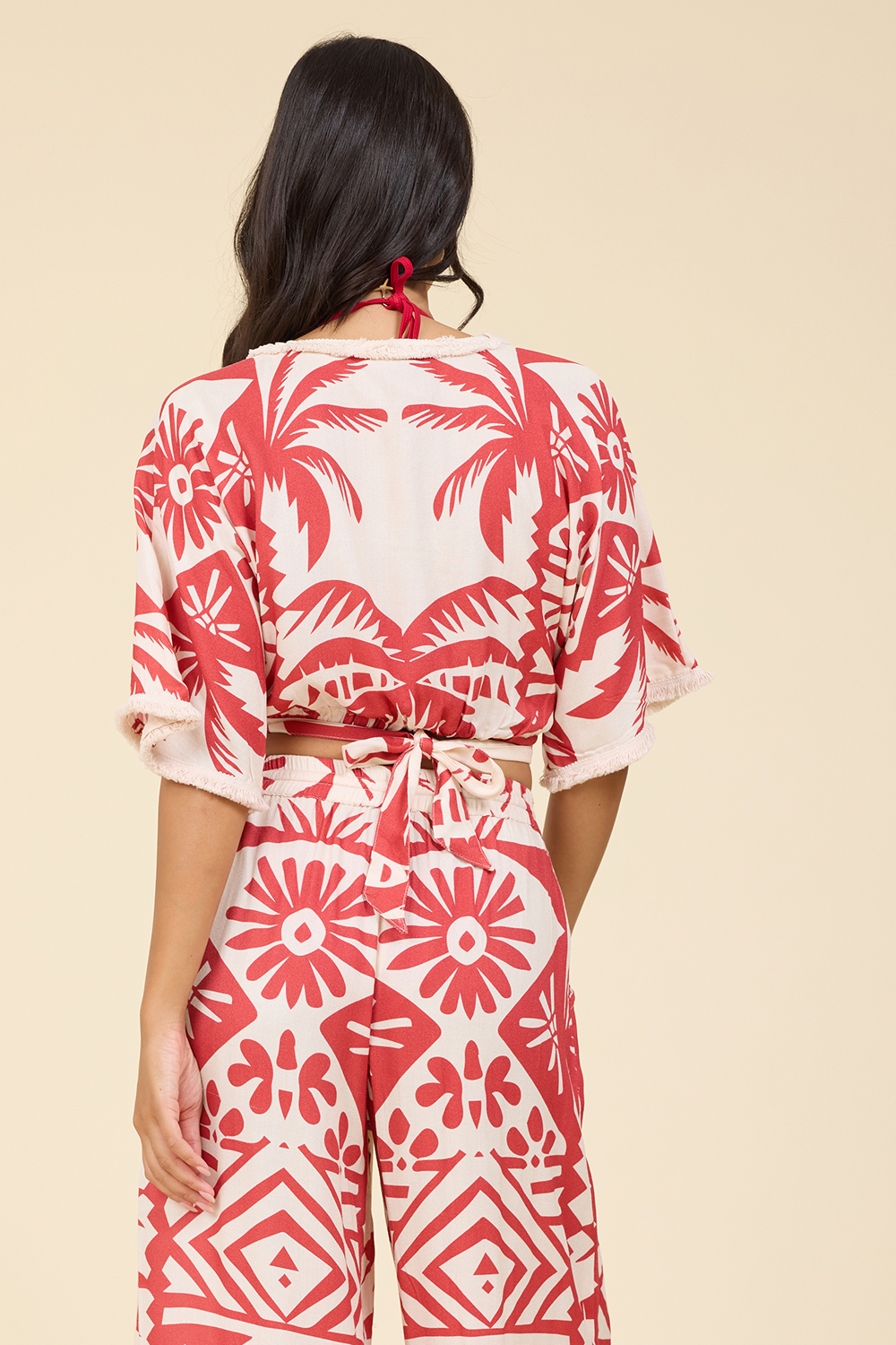 Printed Tie Front Top with Fringe