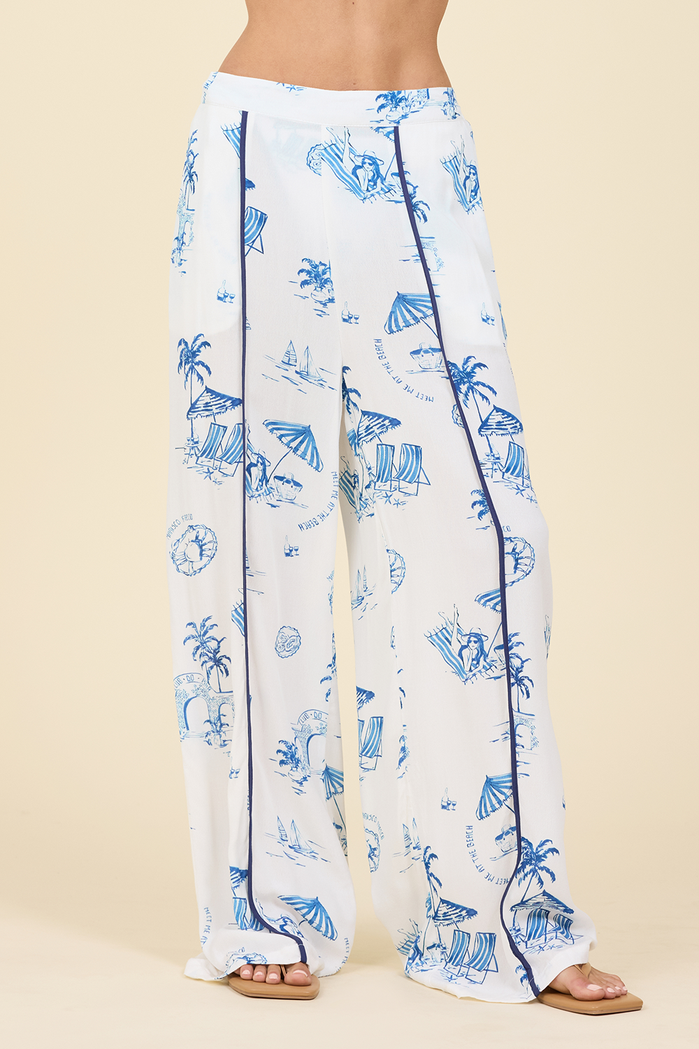 Printed Wide Leg Pant with Piping