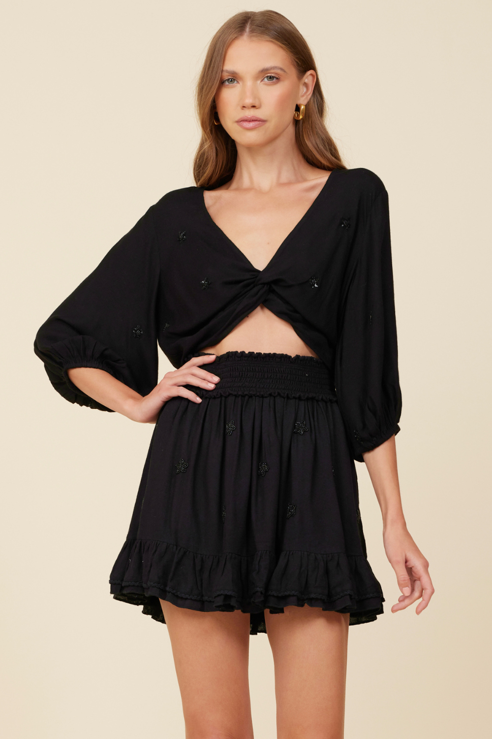 Black Beaded Star Tie Front Top