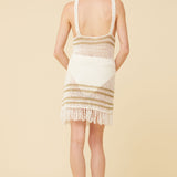White W/ Bronze Crochet W/ Metallic Detail Fringe Dress