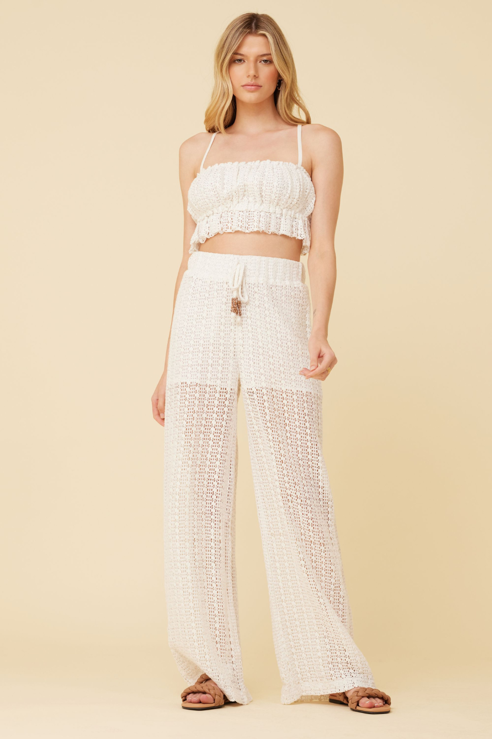 White Vertical Stripe Crochet Surplice Top