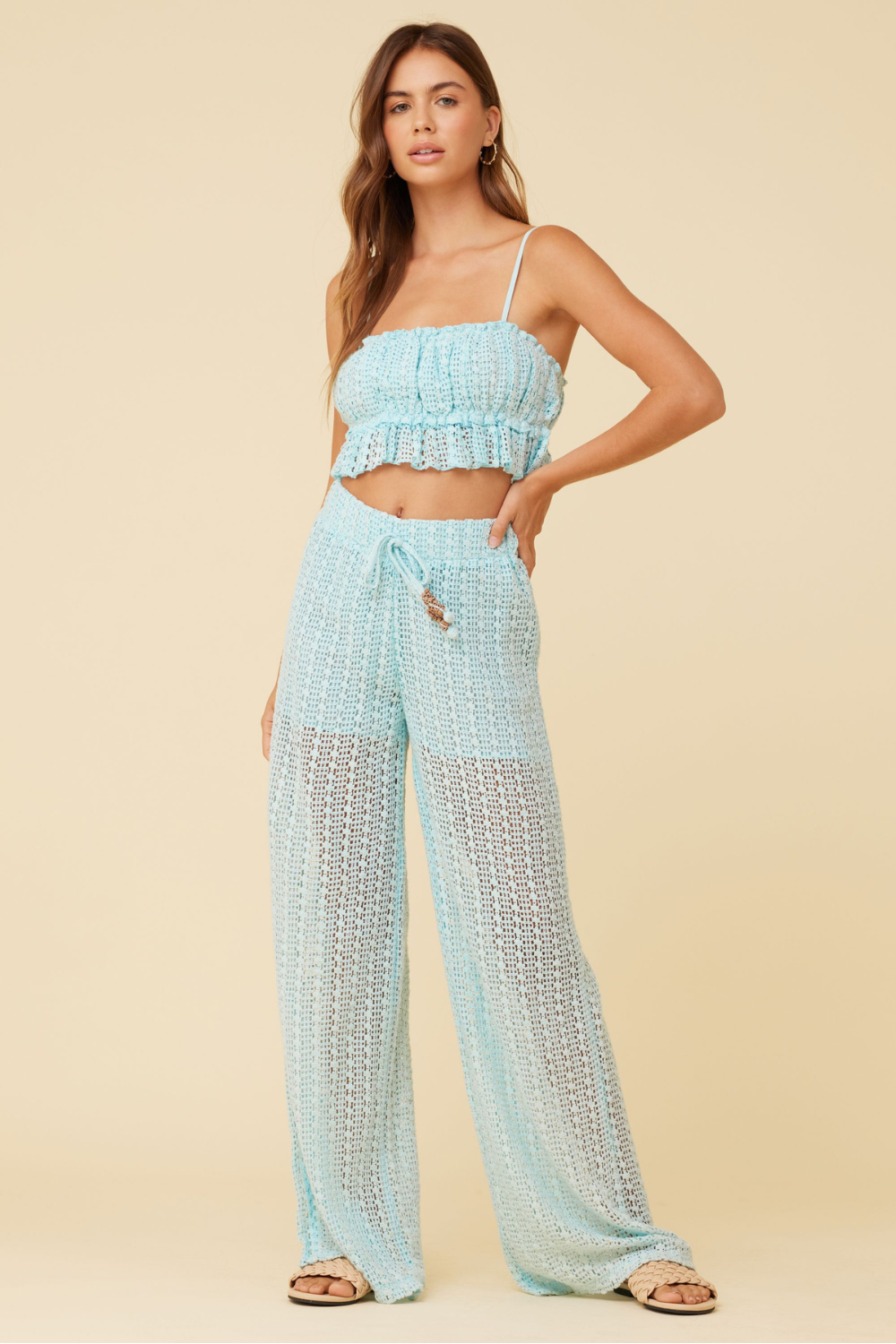 Tropical Blue Vertical Stripe Crochet Surplice Top