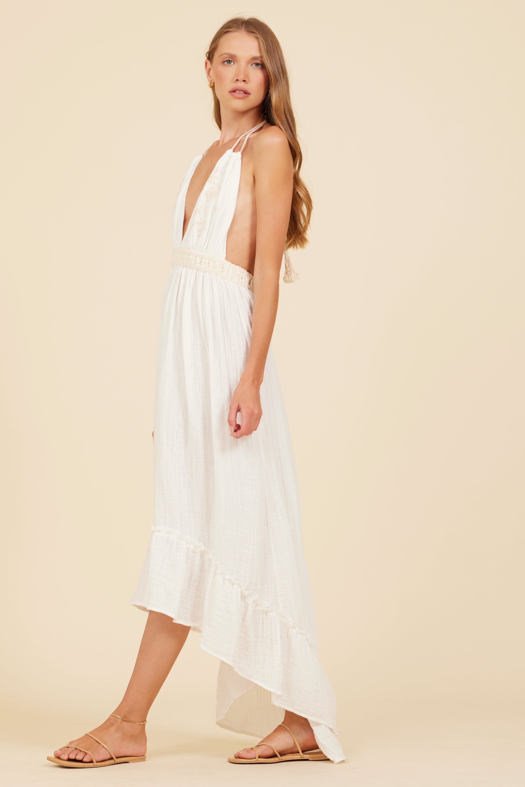 White Embroidered Halter Dress