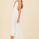 White & Natural Gauze Embroidered Halter Maxi Dress