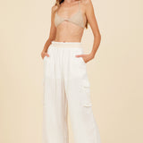 White & Natural Gauze Embroidered Cargo Pants