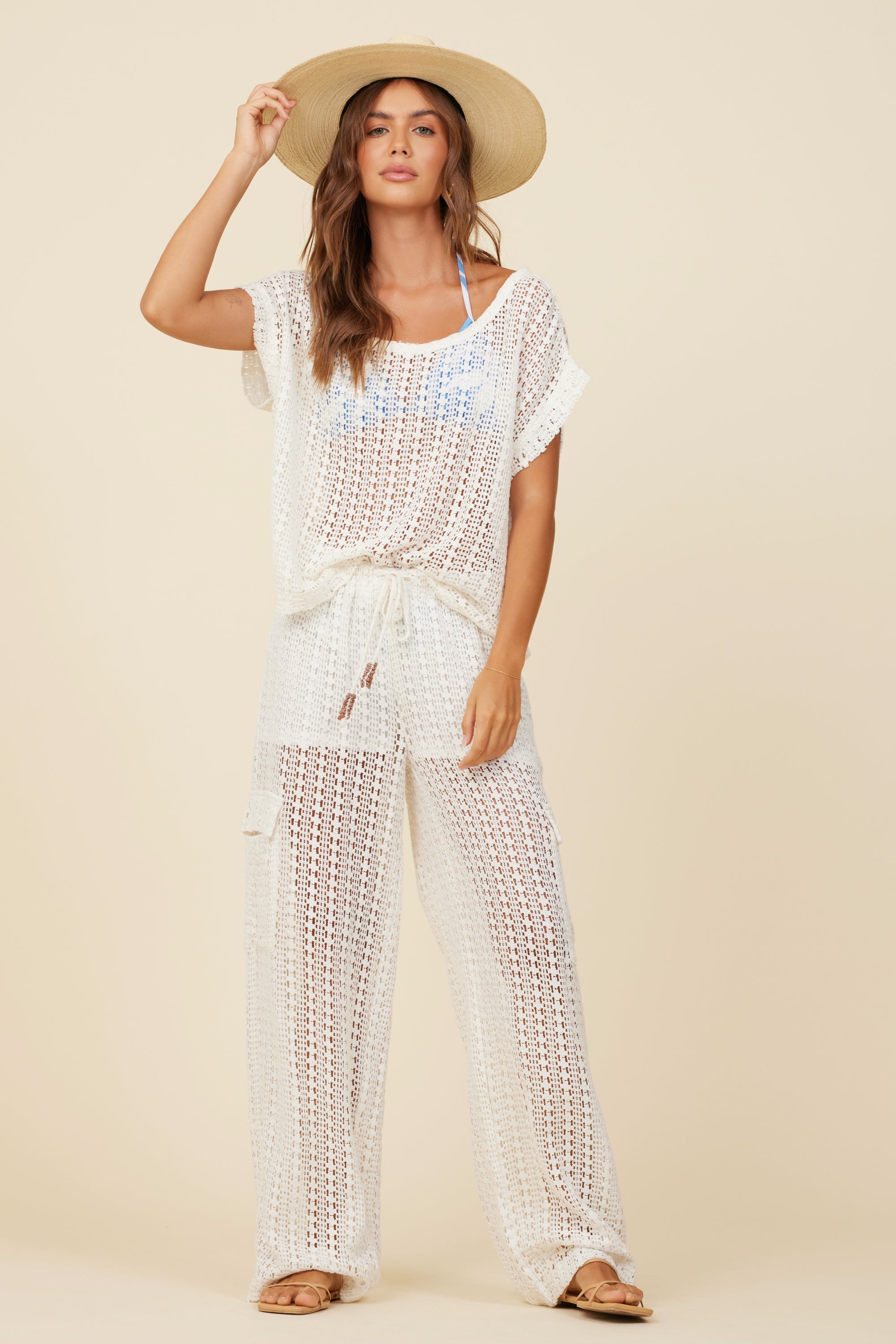 White Vertical Crochet Short Sleeve Top