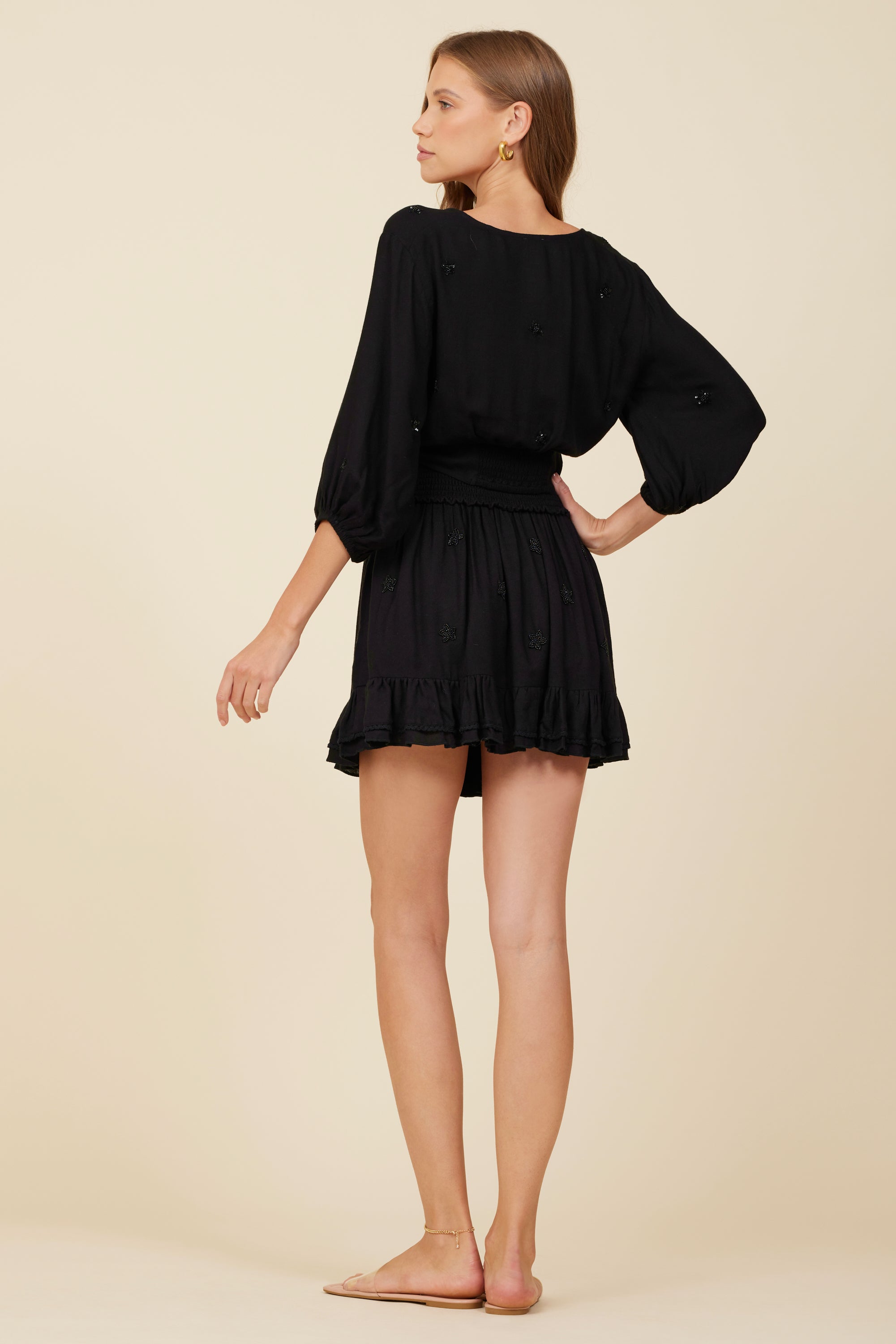 Black Beaded Star Tie Front Top