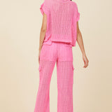 Hot Pink Vertical Crochet Short Sleeve Top