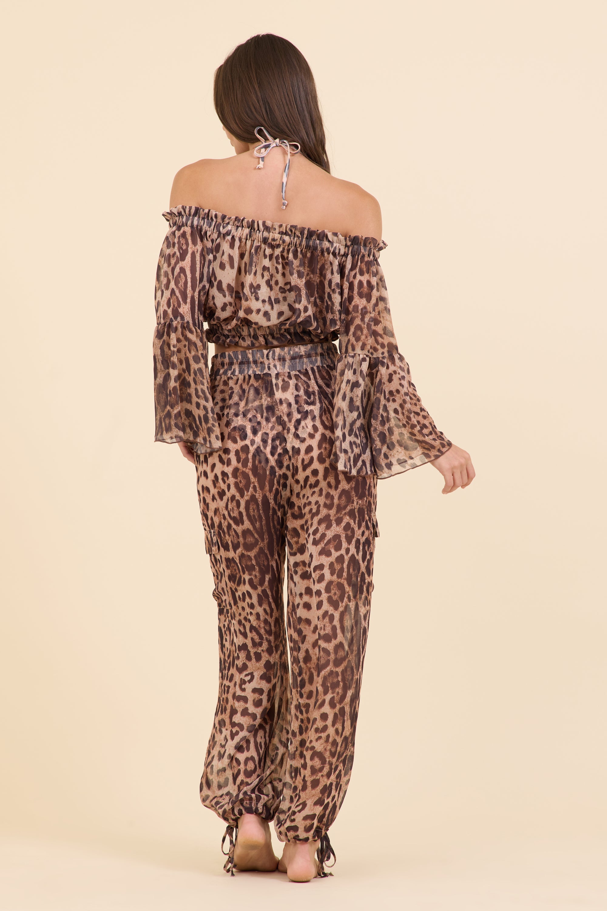 Wild Leopard Printed Chiffon Off The Shoulder Crop Top