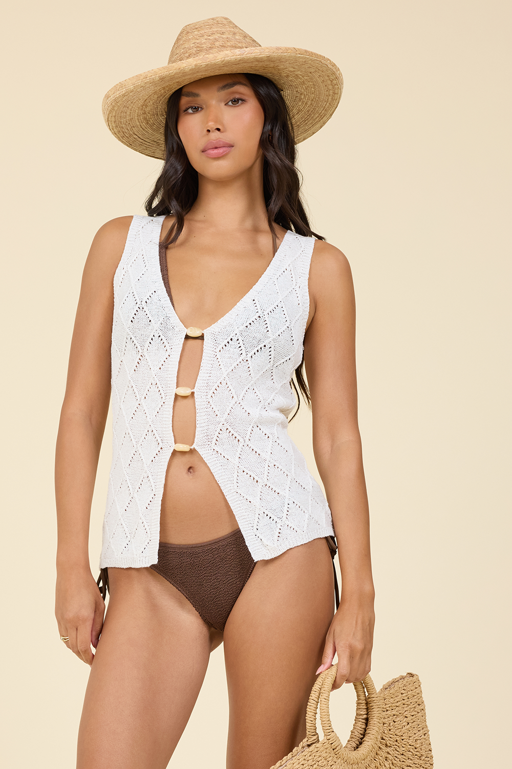 Diamond Knit Tank With Stone Trims - White