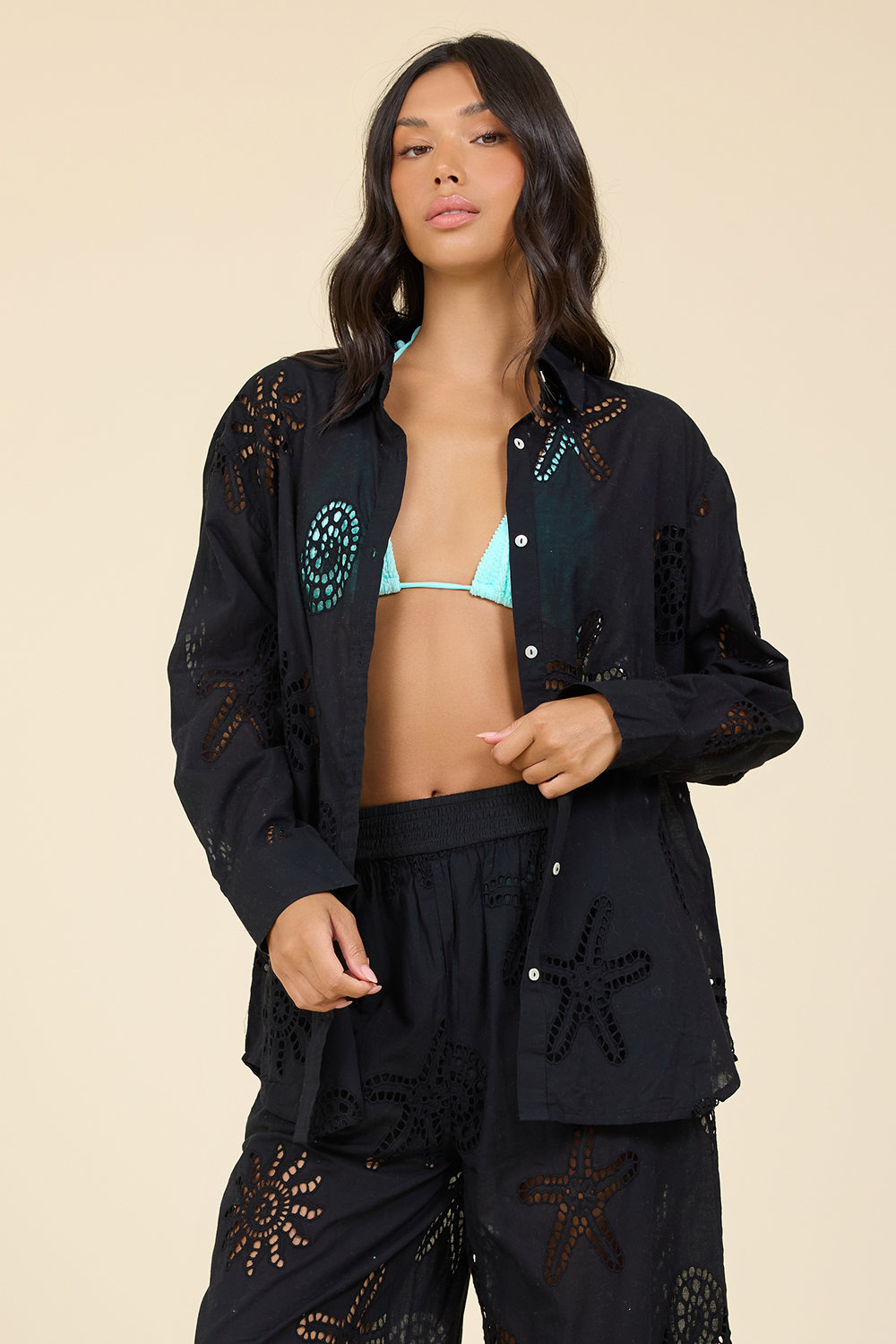 Ocean Eyelet Button Down - Black