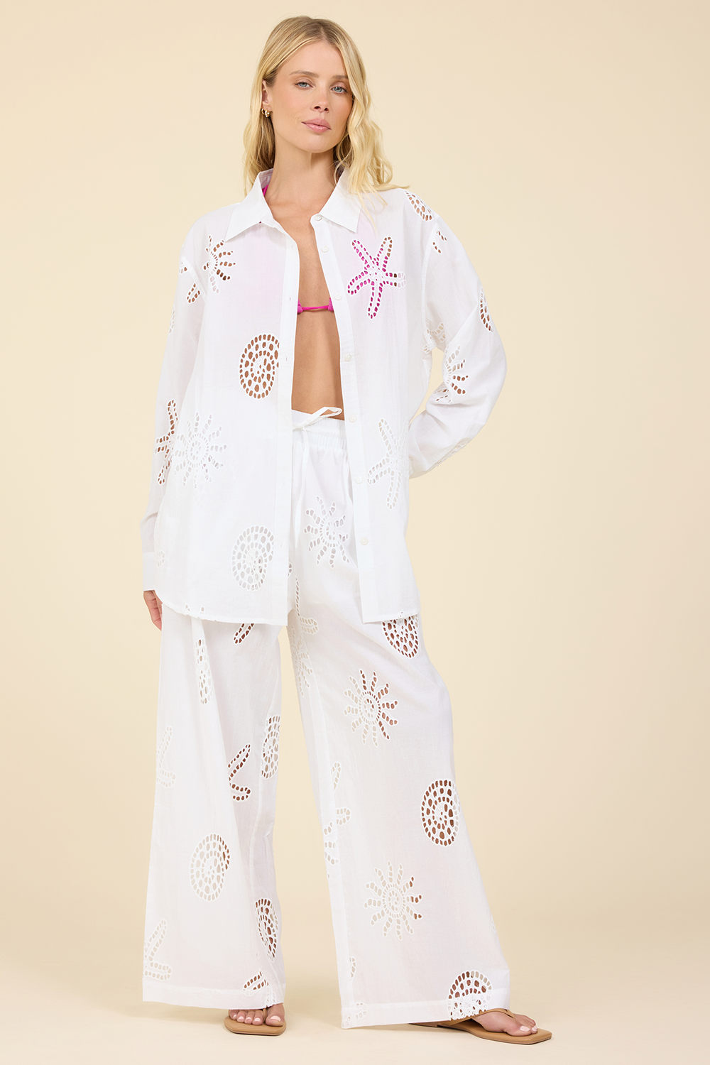 Ocean Eyelet Wide Leg Pant - White