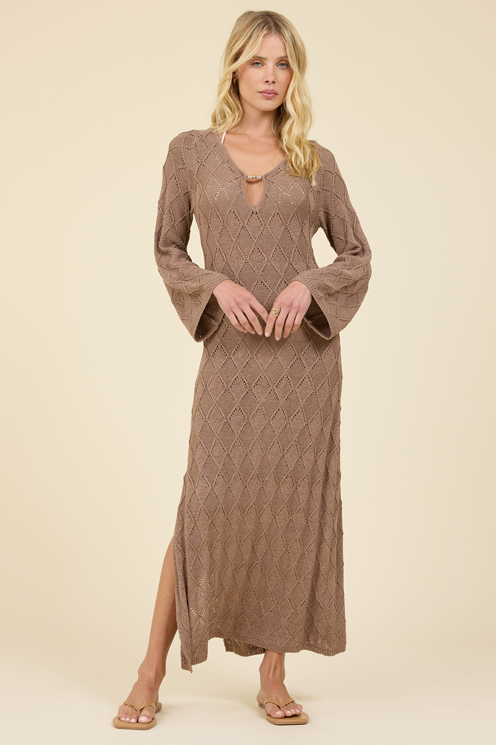 Plunge Diamond Knit Maxi Dress - Cocoa