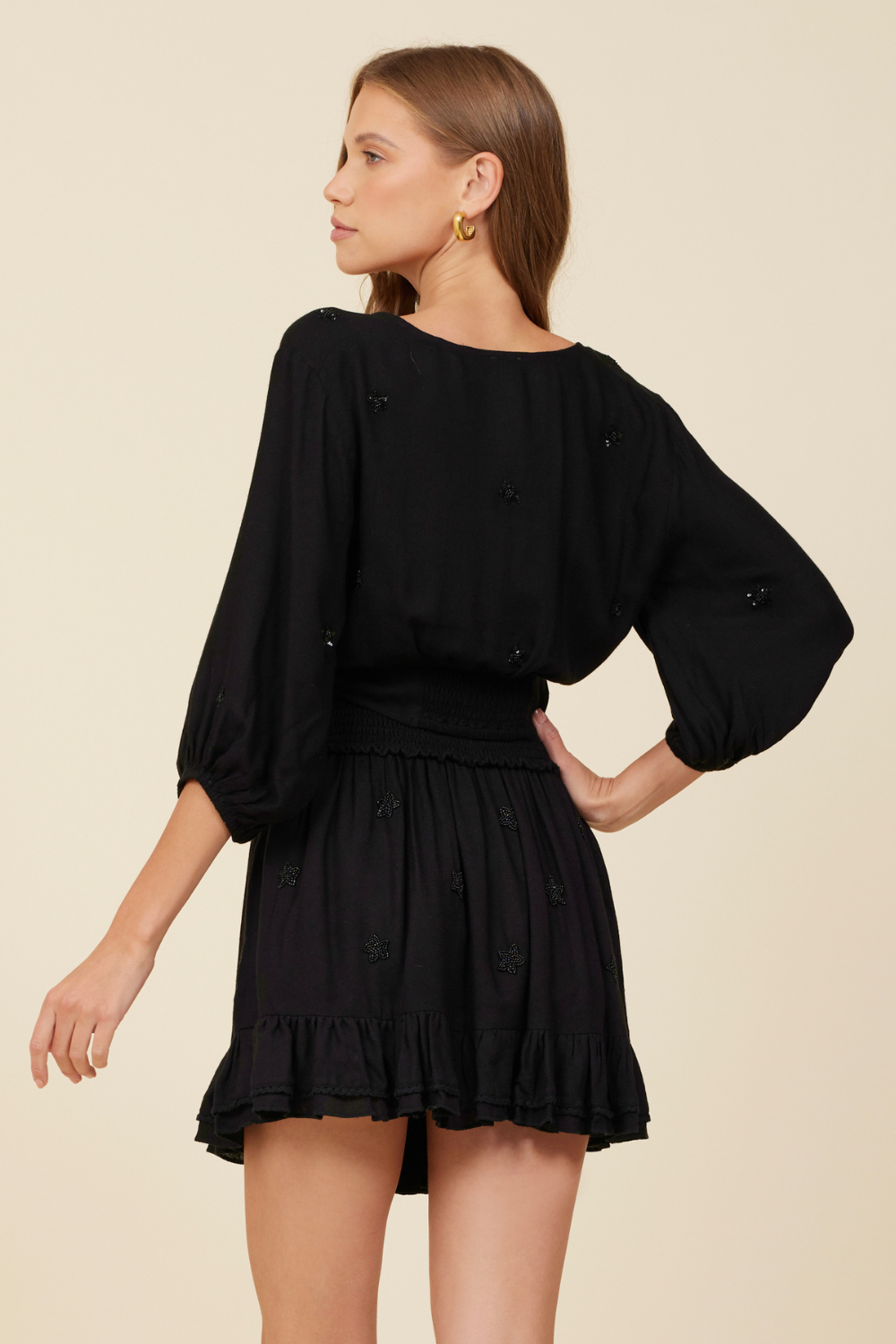 Black Beaded Star Tie Front Top