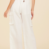 White & Natural Gauze Embroidered Cargo Pants