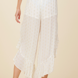 White Clipped Metallic Ruffle Pants