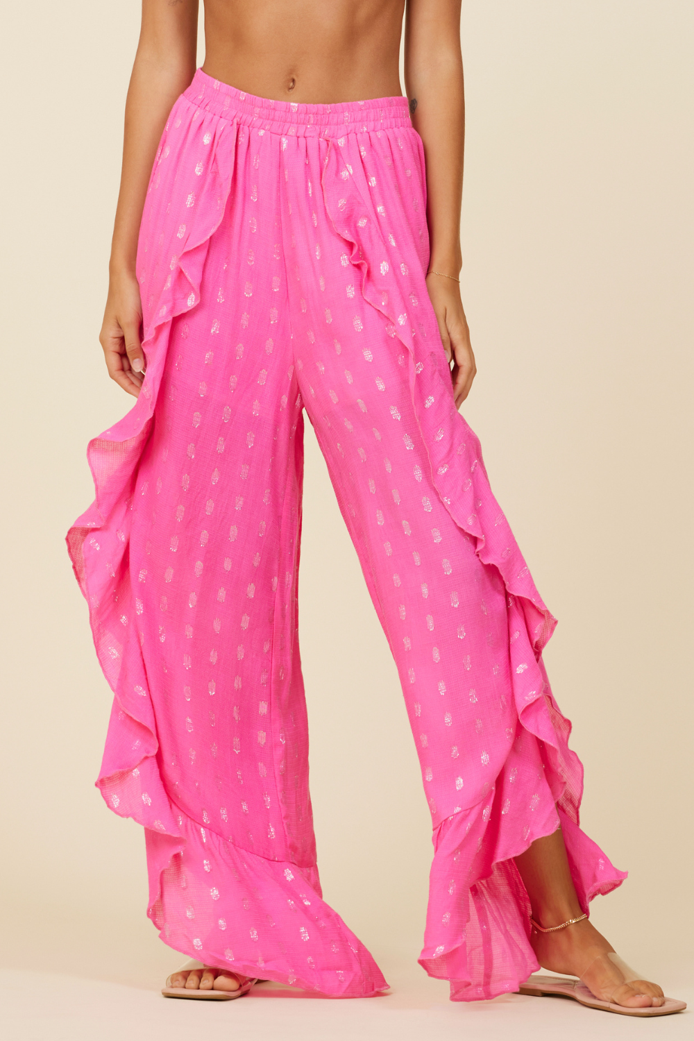 Hot Pink Clipped Metallic Ruffle Pants