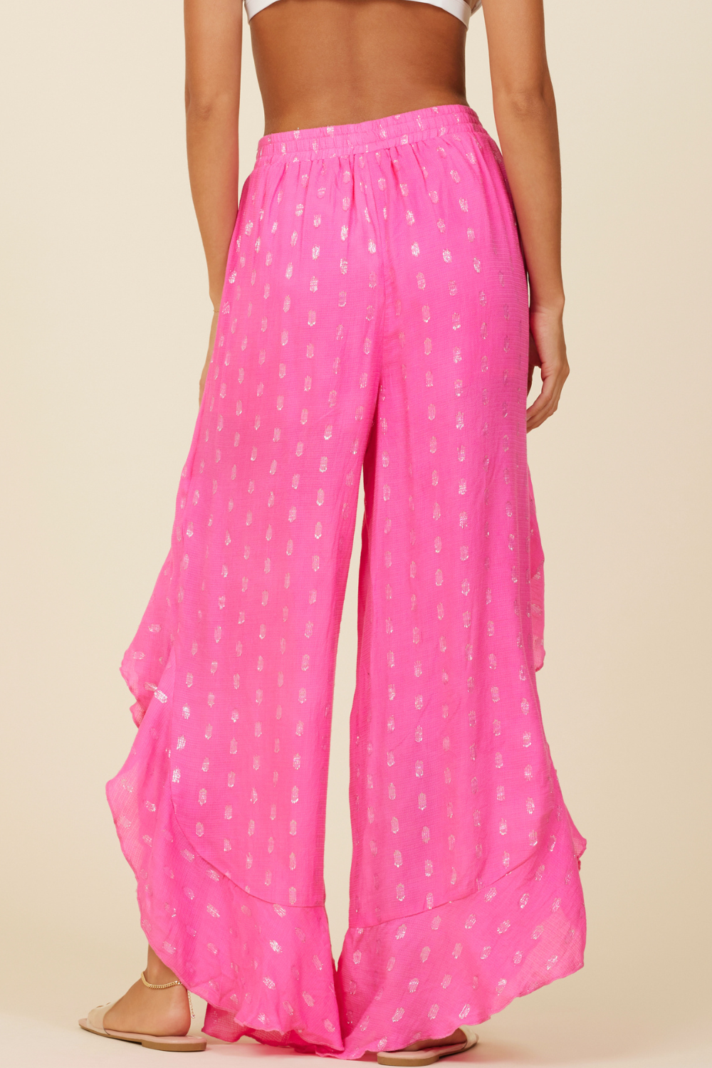 Hot Pink Clipped Metallic Ruffle Pants