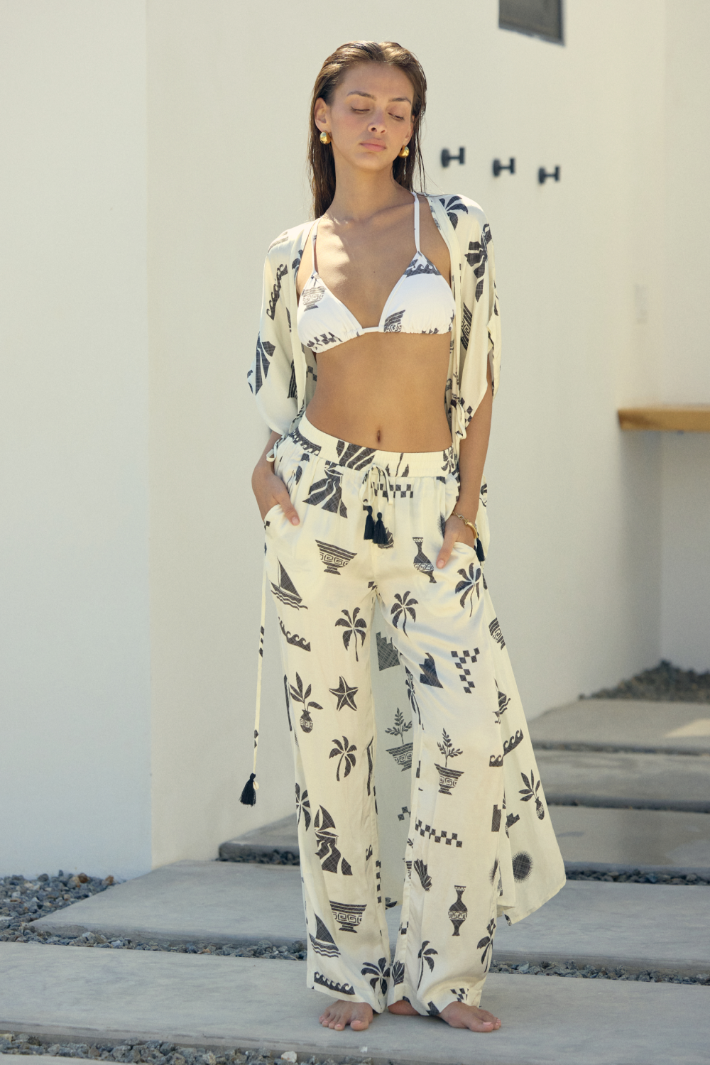 Beach Vibe Printed Satin Wide Leg Pant