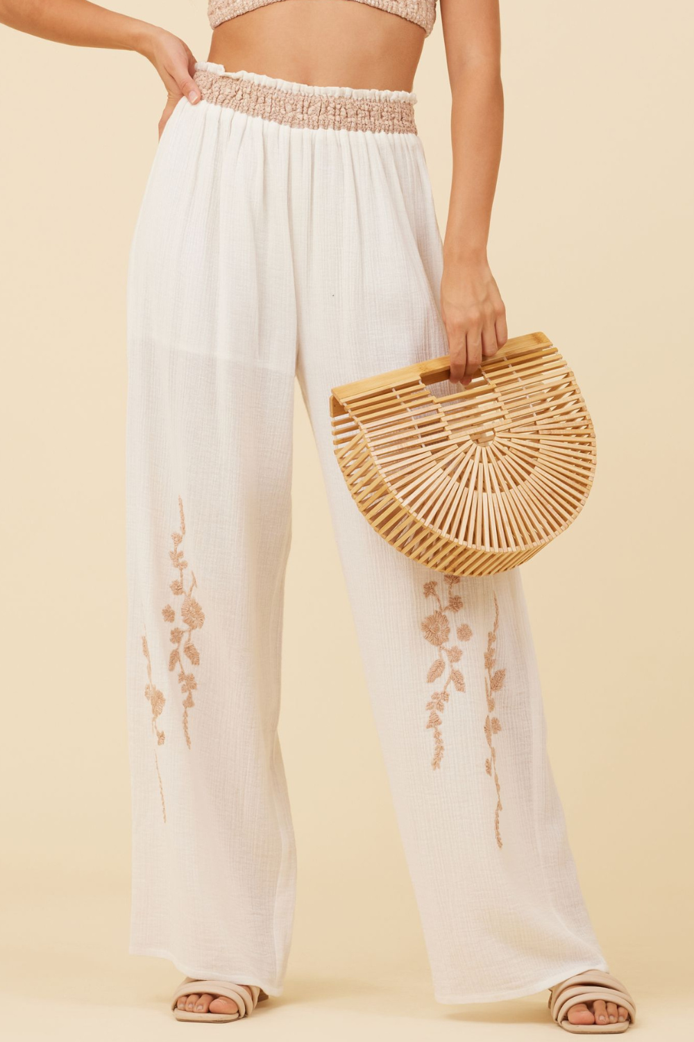 Ivory w/ Natural Embroidery Gauze w/ Floral Pant