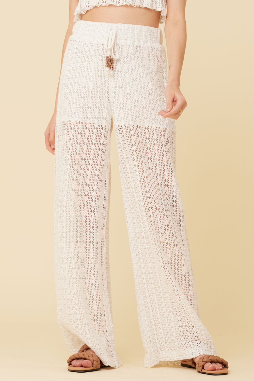 White Vertical Stripe Crochet Pants