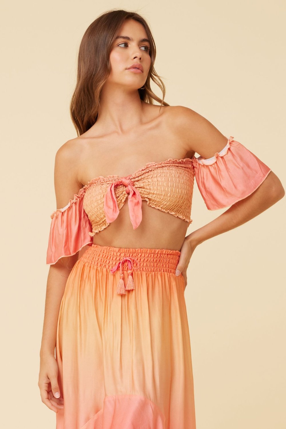 Sunset Ombre Dip Dye Satin Tie Front Top