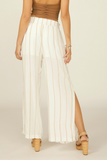 Ivory With Tan Embroidery Rayon Crinkle Smocked Wide Leg Pant