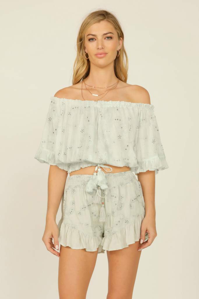 Seaport Sage Paisley Embroidery Off Shoulder Top