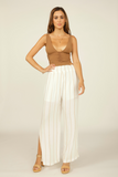 Ivory With Tan Embroidery Rayon Crinkle Smocked Wide Leg Pant